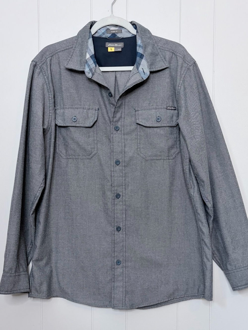 Eddie Bauer First Ascent Gray Shirt Blue Plaid Trim Long Sleeve Button Down L